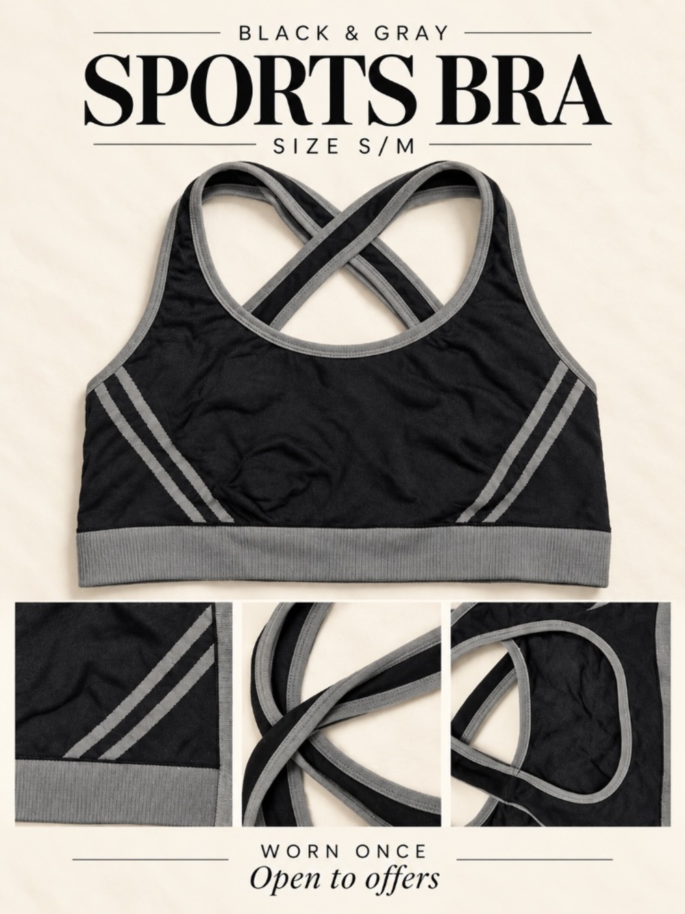 Black & Gray Striped Sports Bra Cross-Back